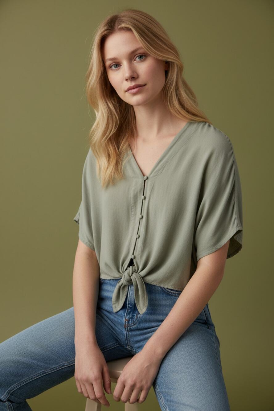 Sini & Sam Sage Green Tie‑Front Button Blouse – Size M